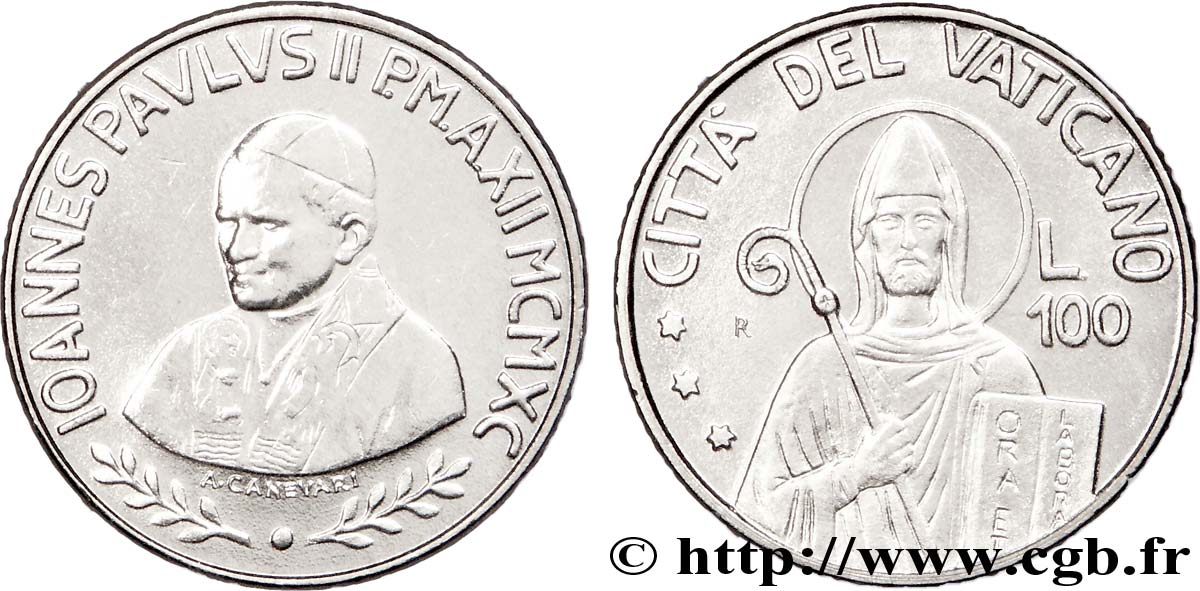 VATICAN AND PAPAL STATES 100 Lire Jean Paul II an XII 1990  AU 