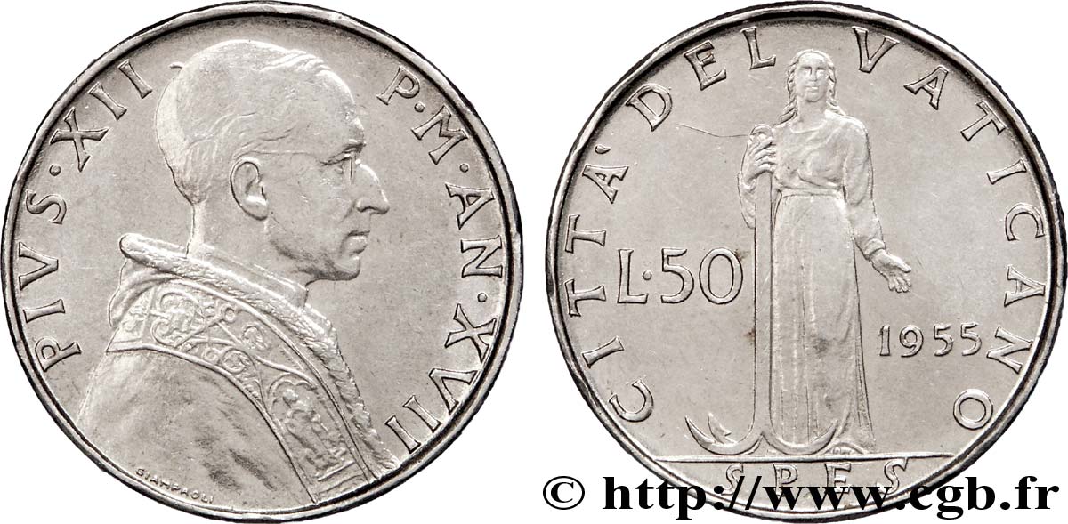 VATICANO Y ESTADOS PONTIFICIOS 50 Lire Pie XII an XVII / Spes 1955 Rome - R EBC 