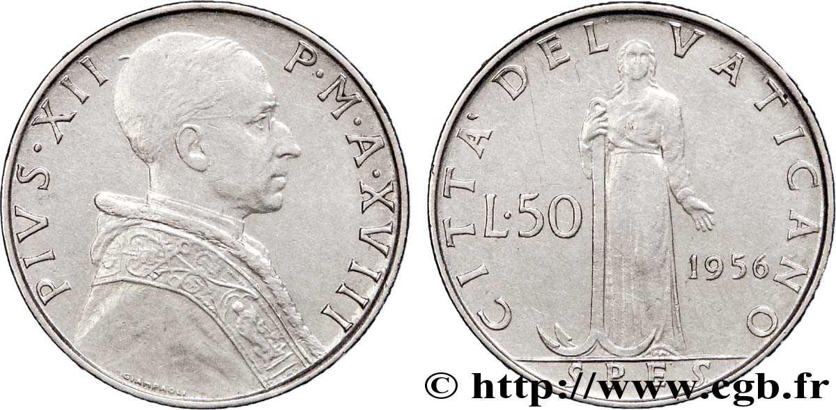 VATICAN AND PAPAL STATES 50 Lire Pie XII an XVIII / Spes 1956 Rome - R AU 