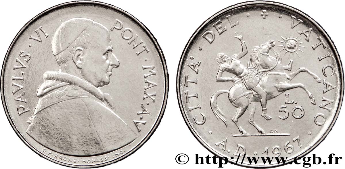 VATICAN AND PAPAL STATES 50 Lire Paul VI an V / la conversion de Saint Paul 1967 Rome AU 
