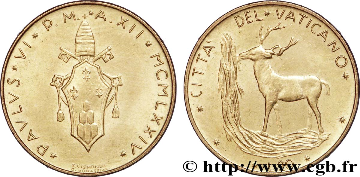 VATICANO E STATO PONTIFICIO 20 Lire armes au nom de Paul VI an XII / cerf buvant à une source, symbole du Christ 1974 Rome SPL 