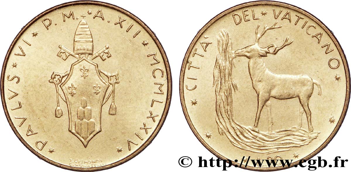 VATICAN AND PAPAL STATES 20 Lire armes au nom de Paul VI an XII / cerf buvant à une source, symbole du Christ 1974 Rome AU 