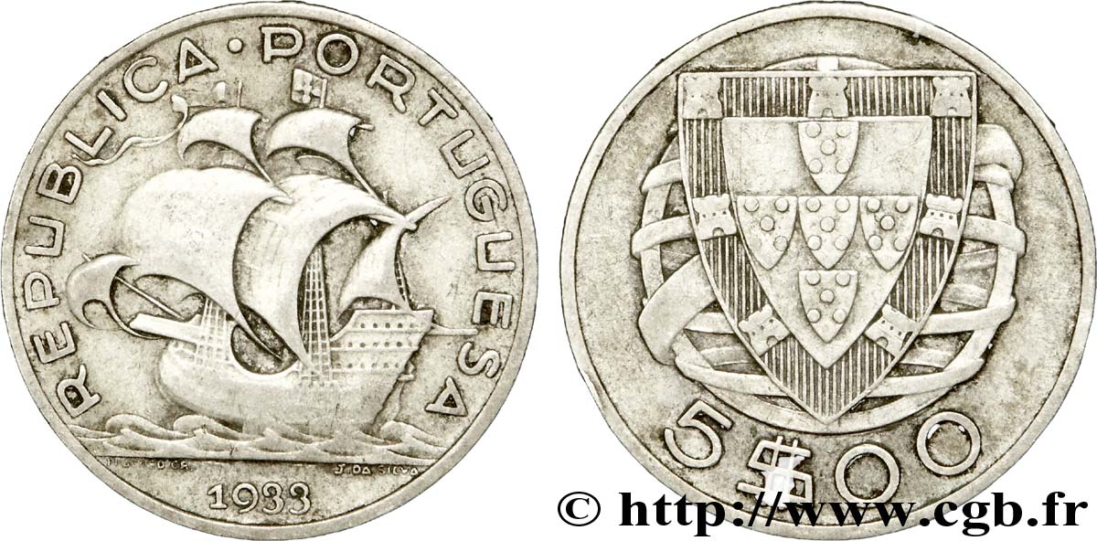 PORTUGAL 5 Escudos emblème 1933  BC+ 