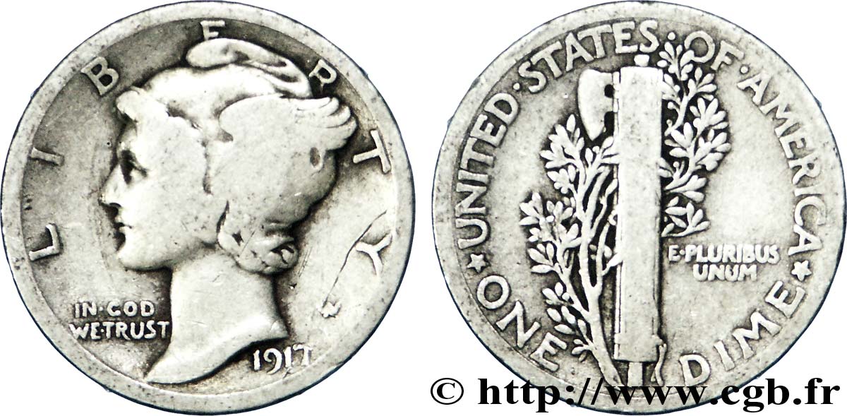 UNITED STATES OF AMERICA 1 Dime Mercury 1917 Philadelphie VF 