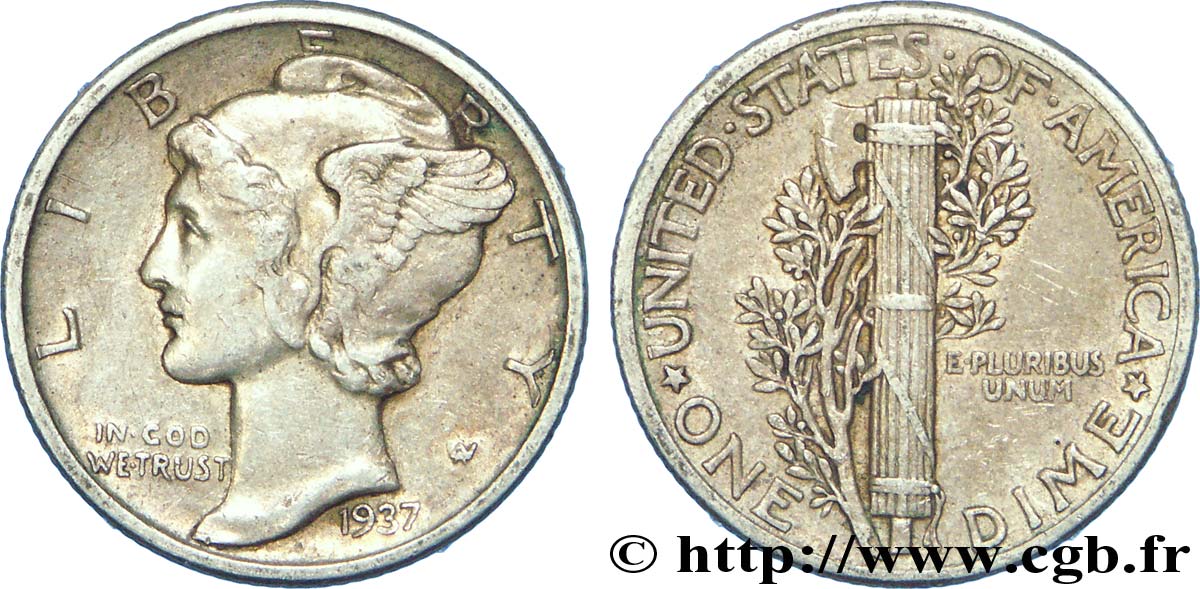 UNITED STATES OF AMERICA 1 Dime Mercury 1937 Philadelphie XF 