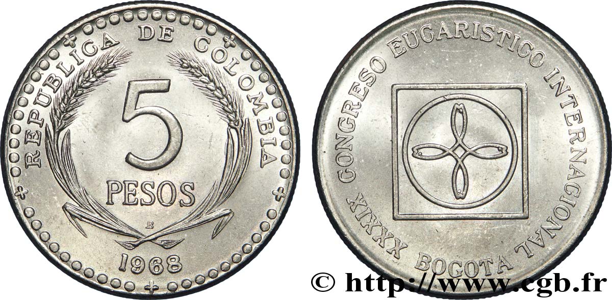 COLOMBIA 5 Pesos 39e congrès eucharistique mondial à Bogota 1968 Bogota EBC 