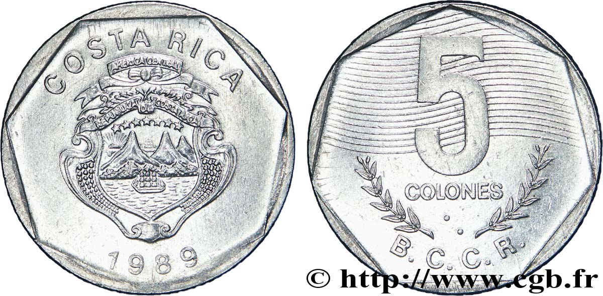 COSTA RICA 5 Colones emblème, émission du Banco Central de Costa Rica (BCCR) 1989 Vereinigte Deutsche Metallwerke EBC 