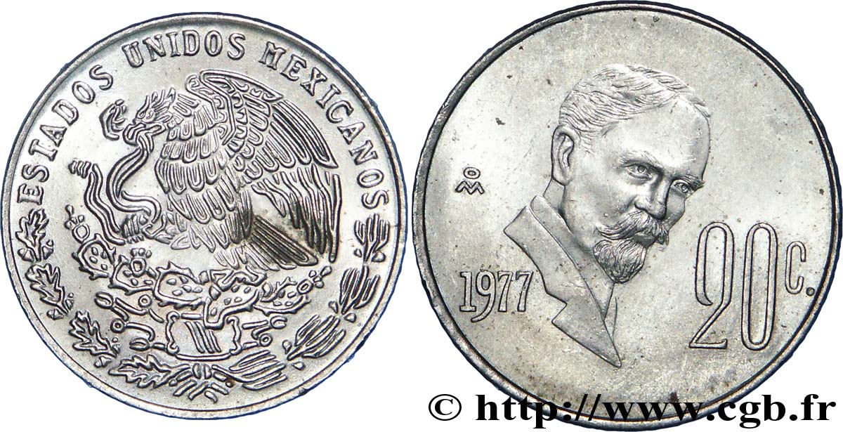 MEXICO 20 Centavos aigle  1977 Mexico AU 