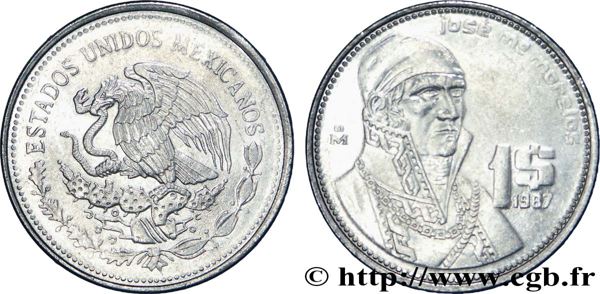 MÉXICO 1 Peso Jose Morelos y Pavon / aigle 1987 Mexico EBC 