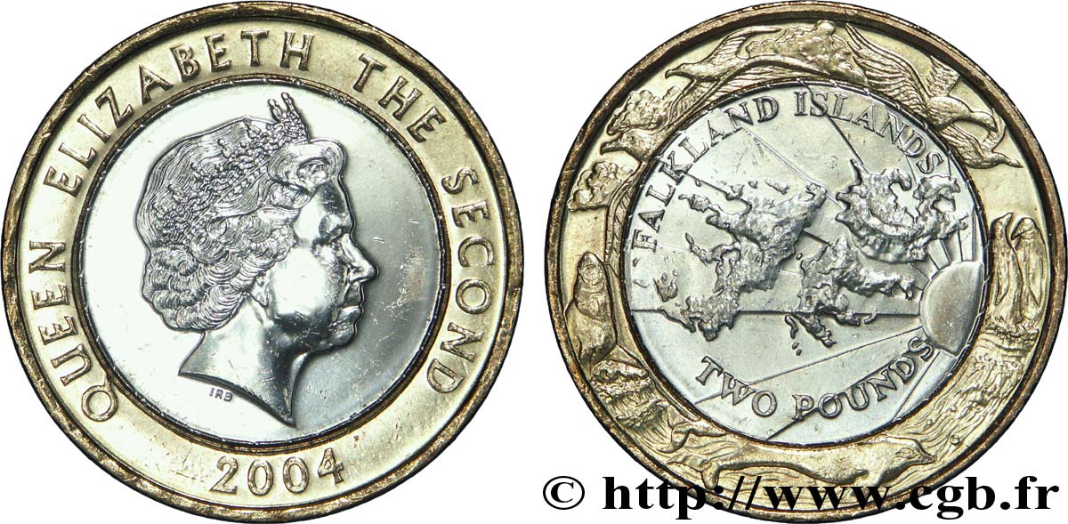 FALKLAND 2 Pounds (2 Livres) Elisabeth II / carte de l’archipel variété tranche B 2004  MS 