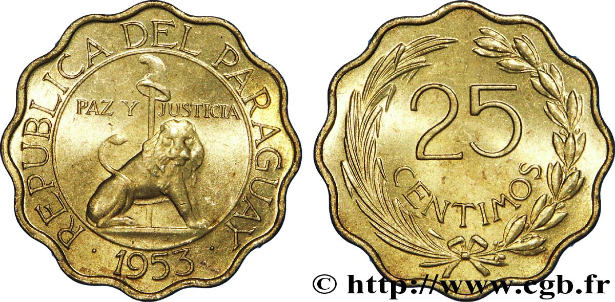 PARAGUAY 25 Centimos lion et pique surmontée d’un bonnet phrygien 1953  EBC 