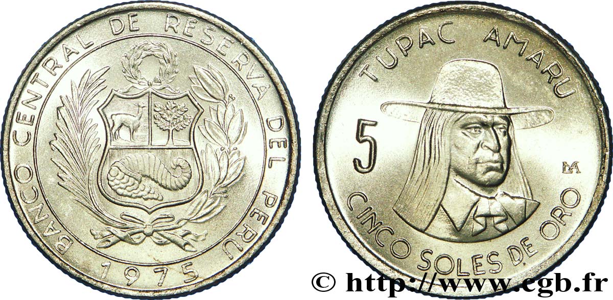 PÉROU 5 Soles de Oro emblème / Tupac Amaru 1975 Lima SPL 