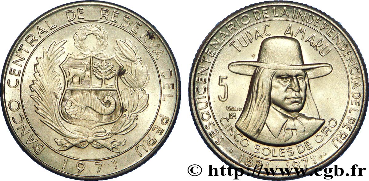 PERU 5 Soles de Oro emblème / Tupac Amaru 1971 Lima fST 