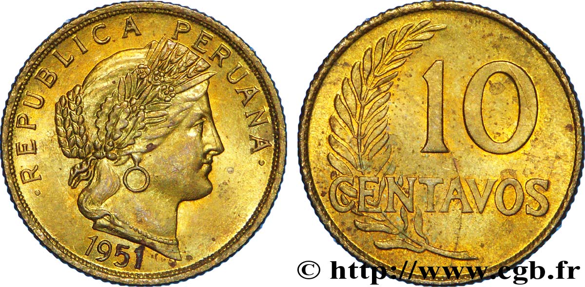 PERU 10 Centavos 1951  AU 