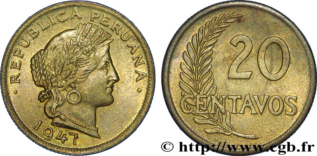 PERU 20 Centavos 1947  AU 