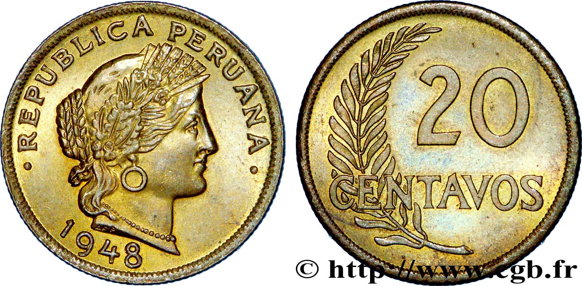 PERU 20 Centavos 1948  SPL 