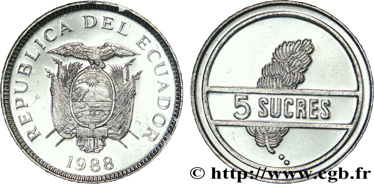 EKUADOR 5 Sucres emblème 1988  VZ 