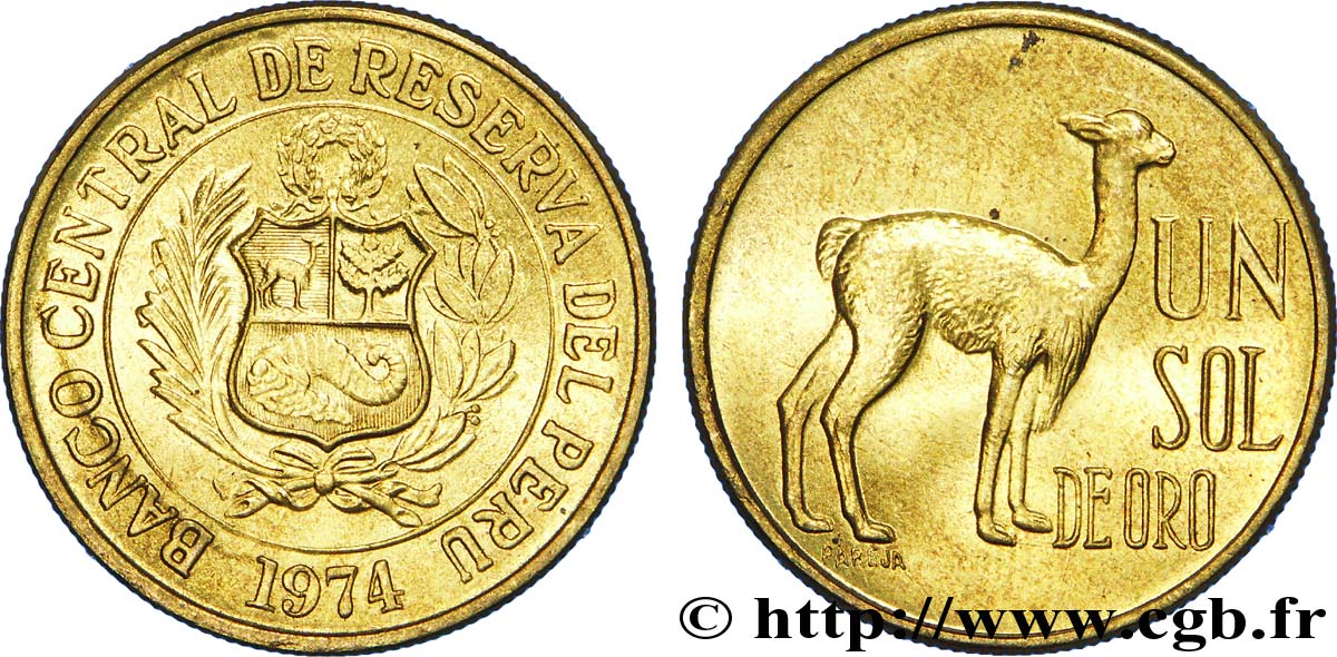 PERU 1 Sol de Oro emblème / lama 1974 Lima MS 