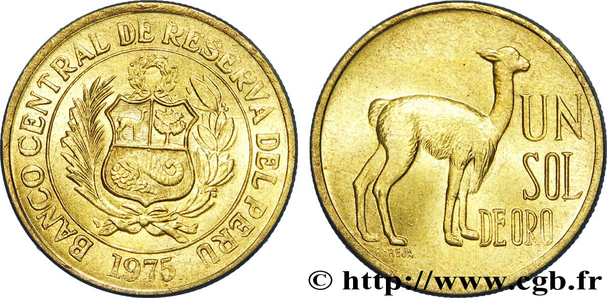 PERU 1 Sol de Oro emblème / lama 1975 Lima MS 