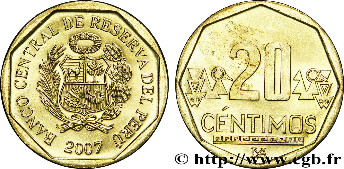 PERU 20 Centimos emblème 2007 Lima MS 