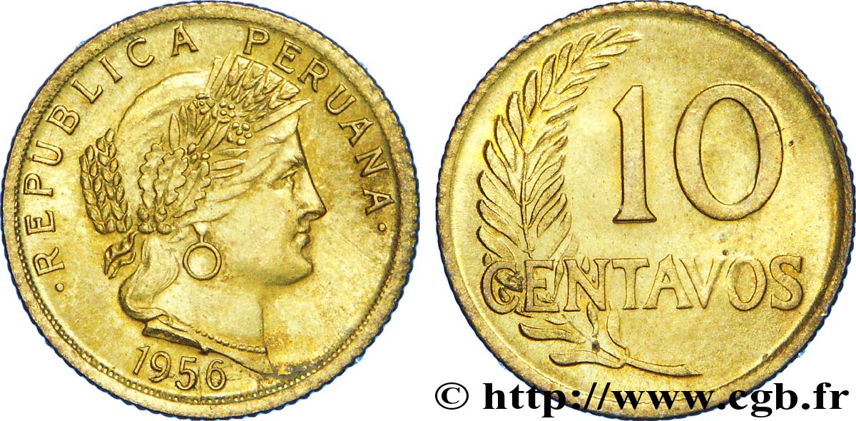 PERU 10 Centavos 1956  SPL 