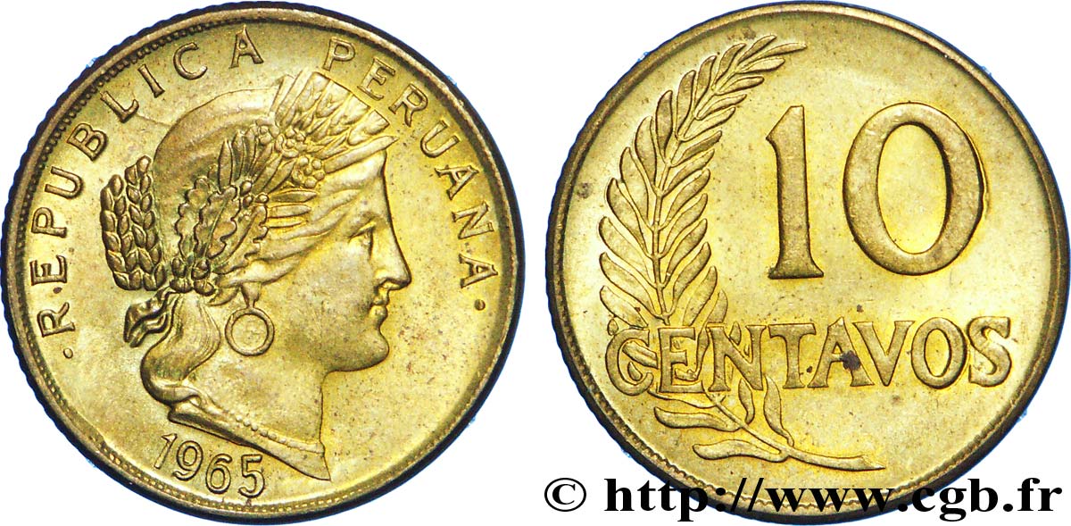 PERU 10 Centavos 1965  AU 