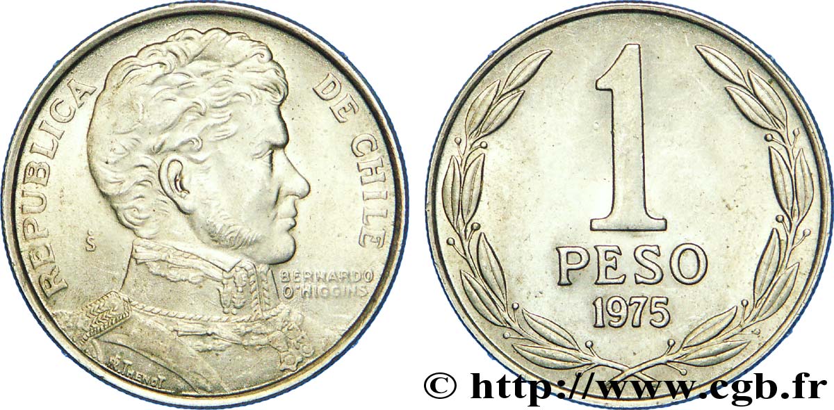 CHILE
 1 Peso Bernardo O’Higgins 1975 Santiago - S° VZ 