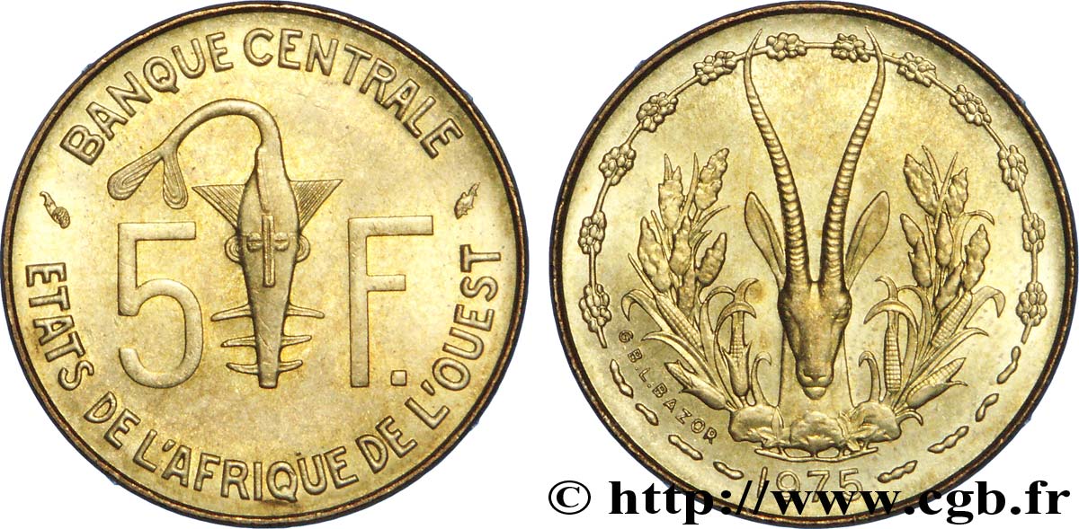 WESTAFRIKANISCHE LÄNDER 5 Francs BCEAO masque / antilope 1975 Paris fST 