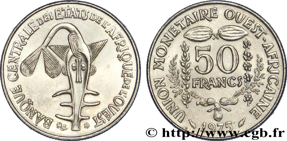 STATI DI L  AFRICA DE L  OVEST 50 Francs masque / femme F.A.O. 1975 Paris SPL 