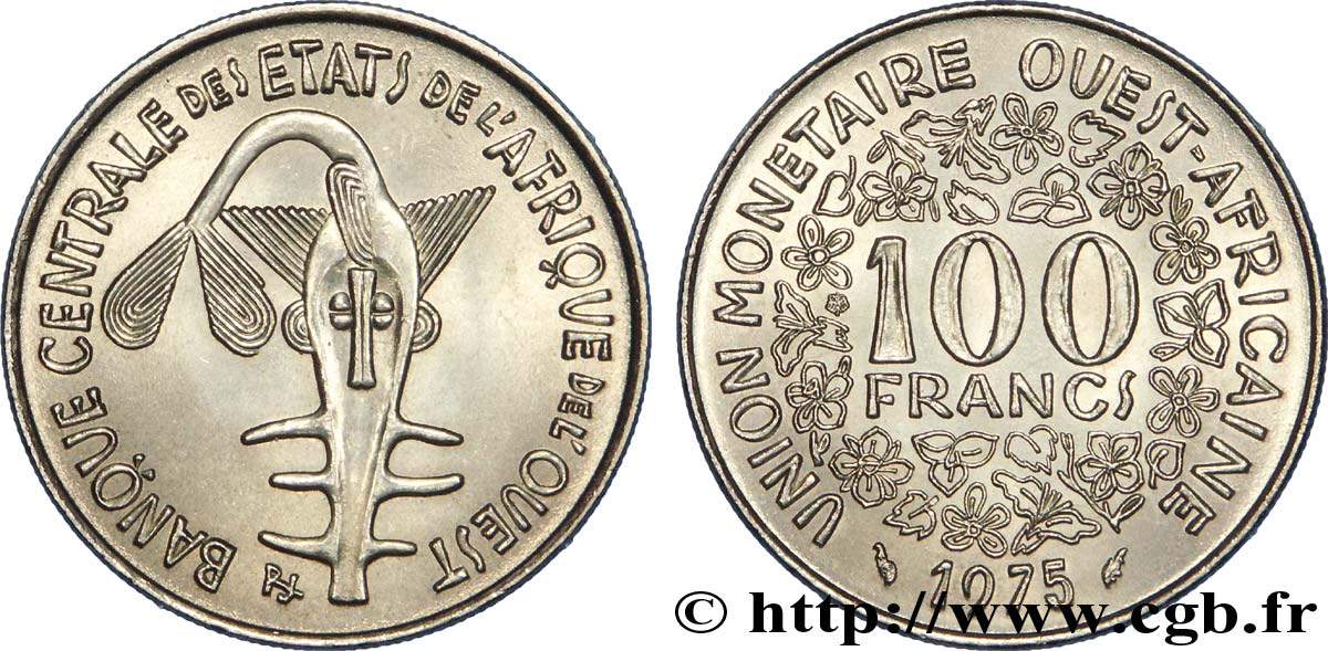 WESTAFRIKANISCHE LÄNDER 100 Francs BCEAO masque 1975 Paris VZ 