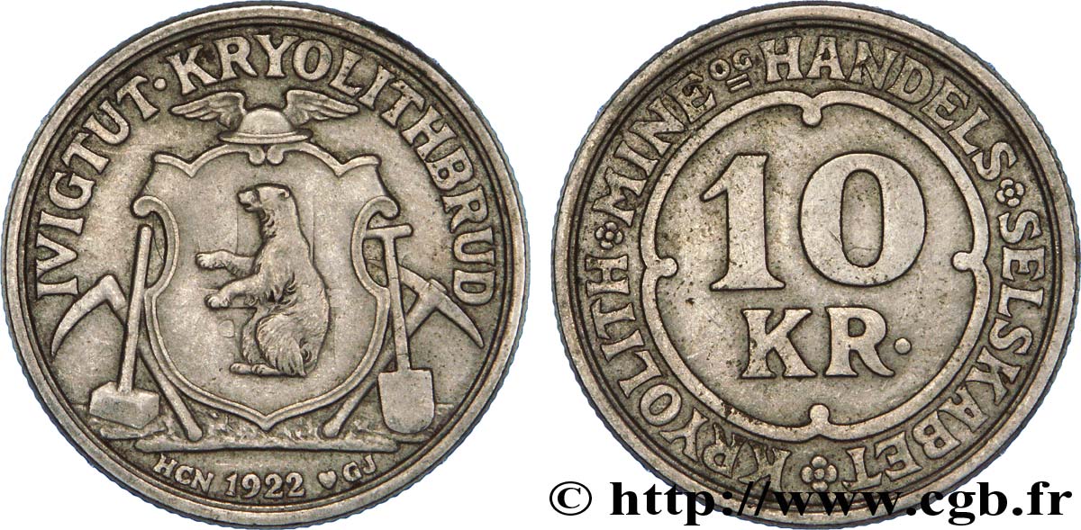 GROENLANDIA 10 Kroner mine de cryolite de Ivigtut / écu à ‘lours entre outils 1922 Copenhague MBC+ 