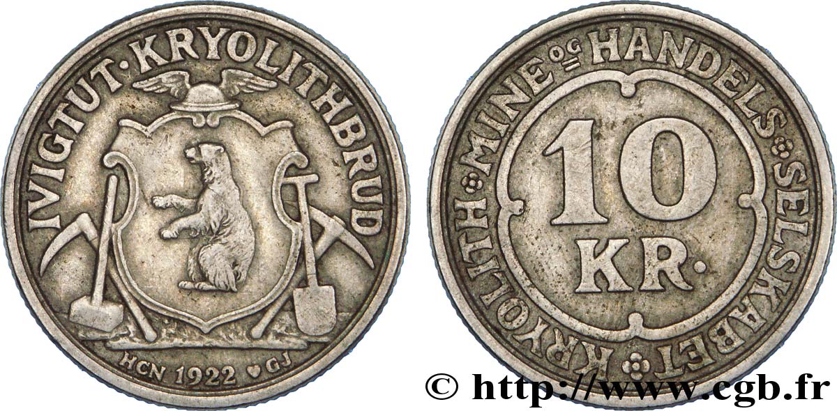 GROENLANDIA 10 Kroner mine de cryolite de Ivigtut / écu à ‘lours entre outils 1922 Copenhague BB 