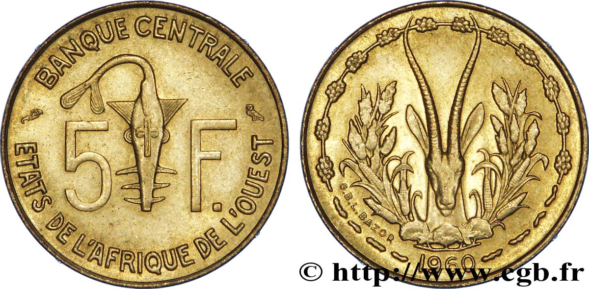 WESTAFRIKANISCHE LÄNDER 5 Francs masque / antilope 1960 Paris VZ 