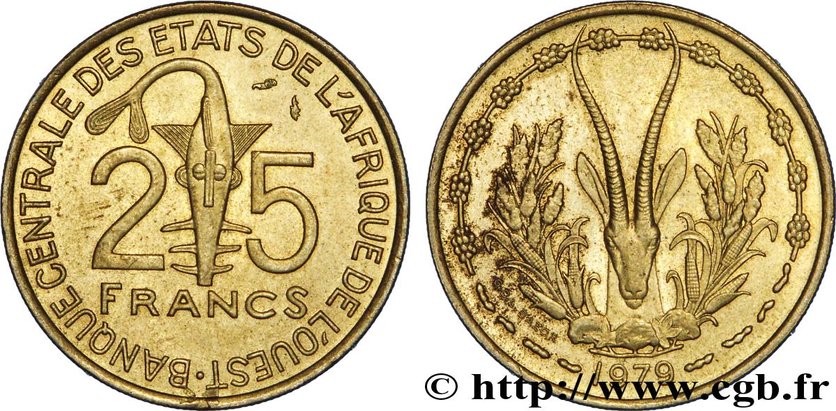 WESTAFRIKANISCHE LÄNDER 25 Francs BCEAO masque / antilope 1979 Paris VZ 
