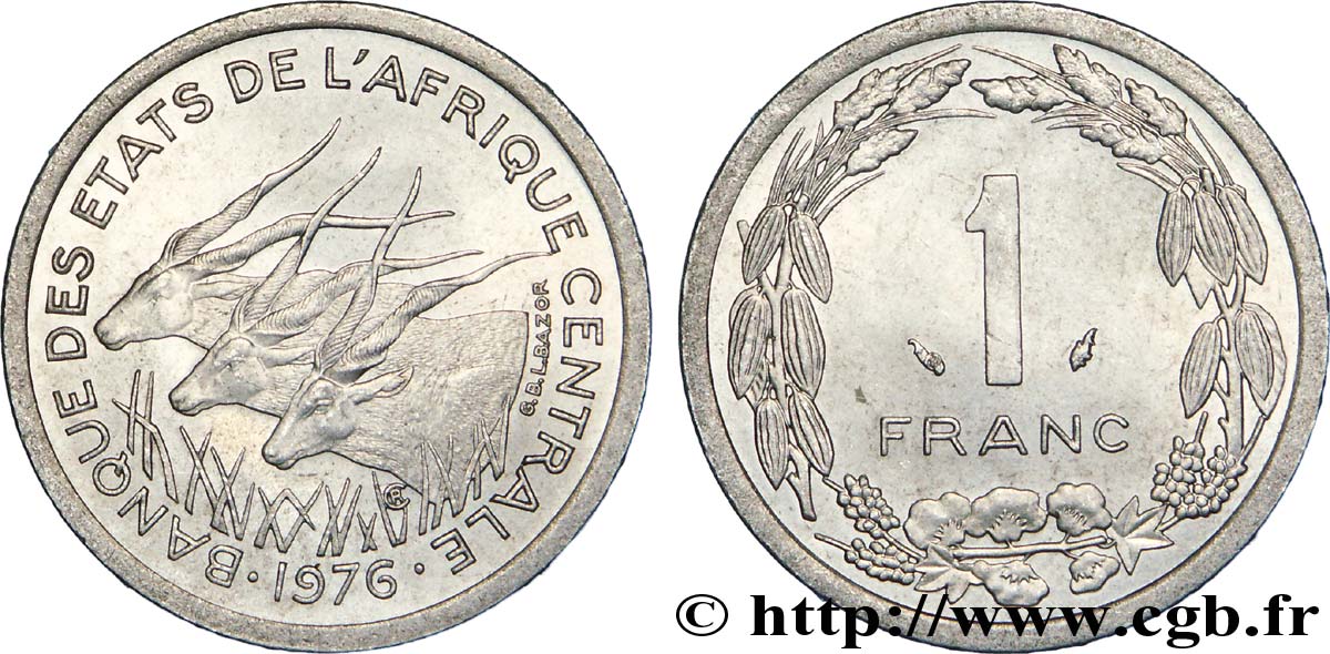 STATI DI L  AFRICA CENTRALE 1 Franc antilopes 1976 Paris MS 