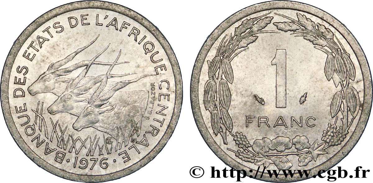 ZENTRALAFRIKANISCHE LÄNDER 1 Franc antilopes 1976 Paris VZ 