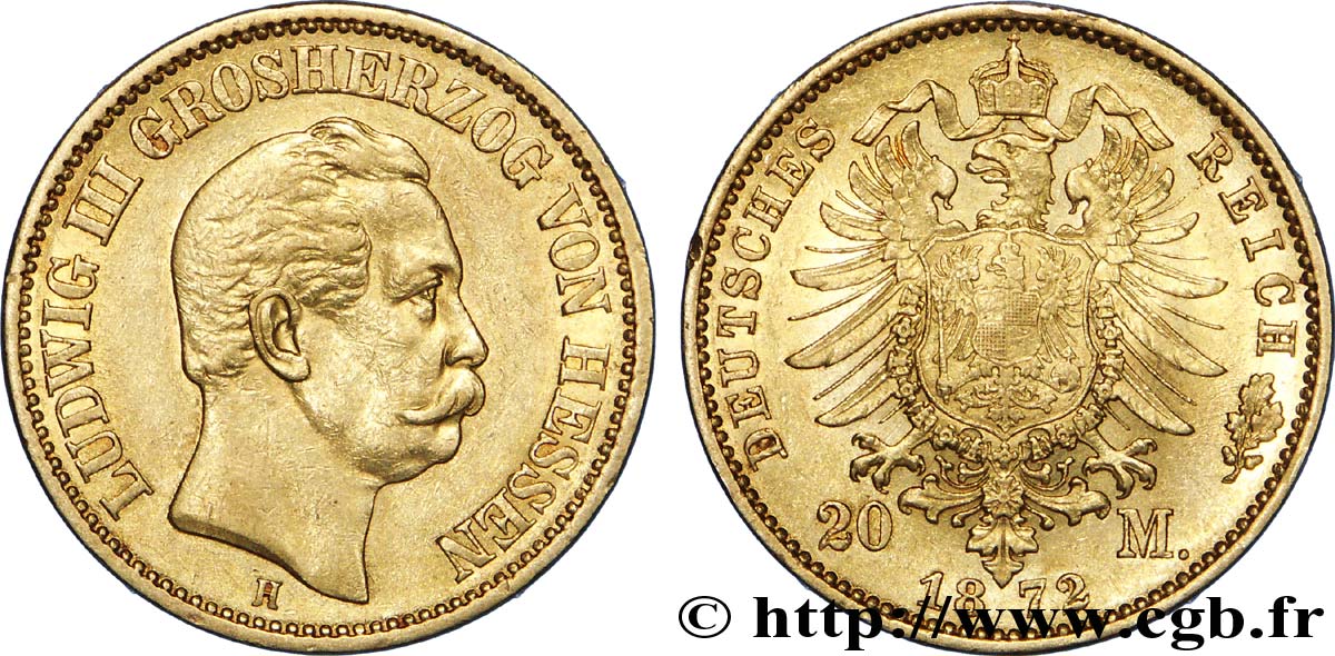 ALLEMAGNE - HESSE 20 Mark or, 1er type Louis III Grand-Duc de Hesse / aigle impérial 1872 Darmstadt SUP 