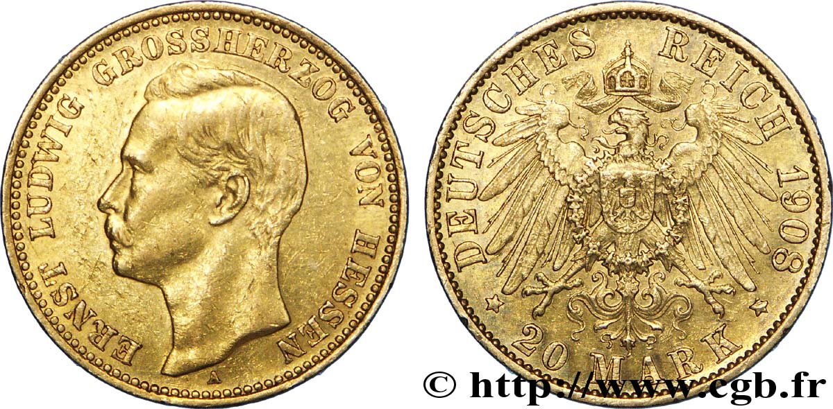 GERMANY - HESSE 20 Mark Ernest-Louis Grand-Duc de Hesse / aigle impérial 1908 Berlin AU 