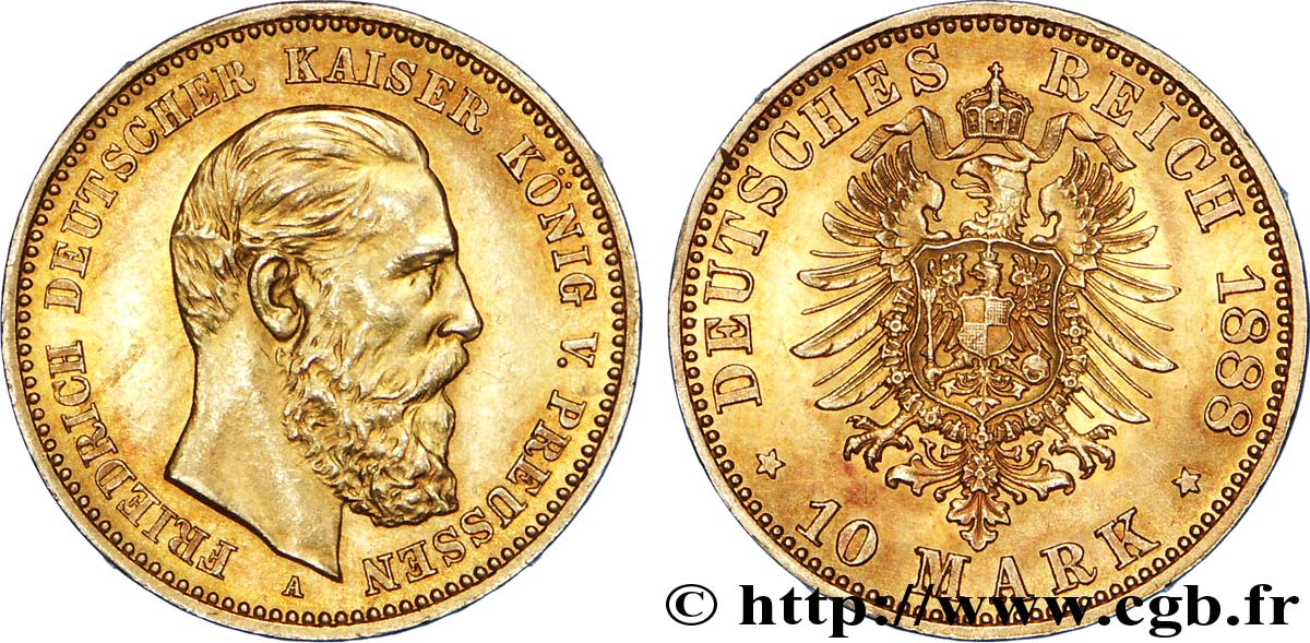 GERMANIA - PRUSSIA 10 Mark or Frédéric III de Prusse / aigle impérial 1888 Berlin MS 