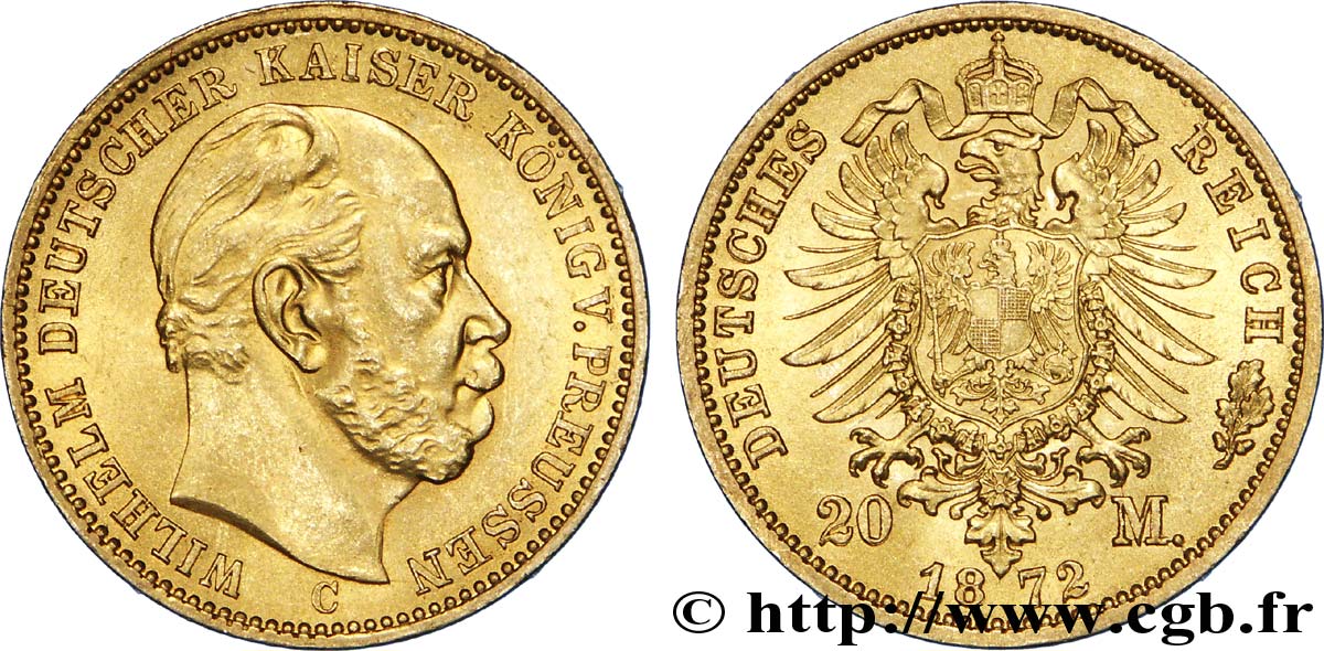GERMANY - PRUSSIA 20 Mark royaume de Prusse Guillaume Ier, 1e type / aigle héraldique 1872 Francfort - C MS 