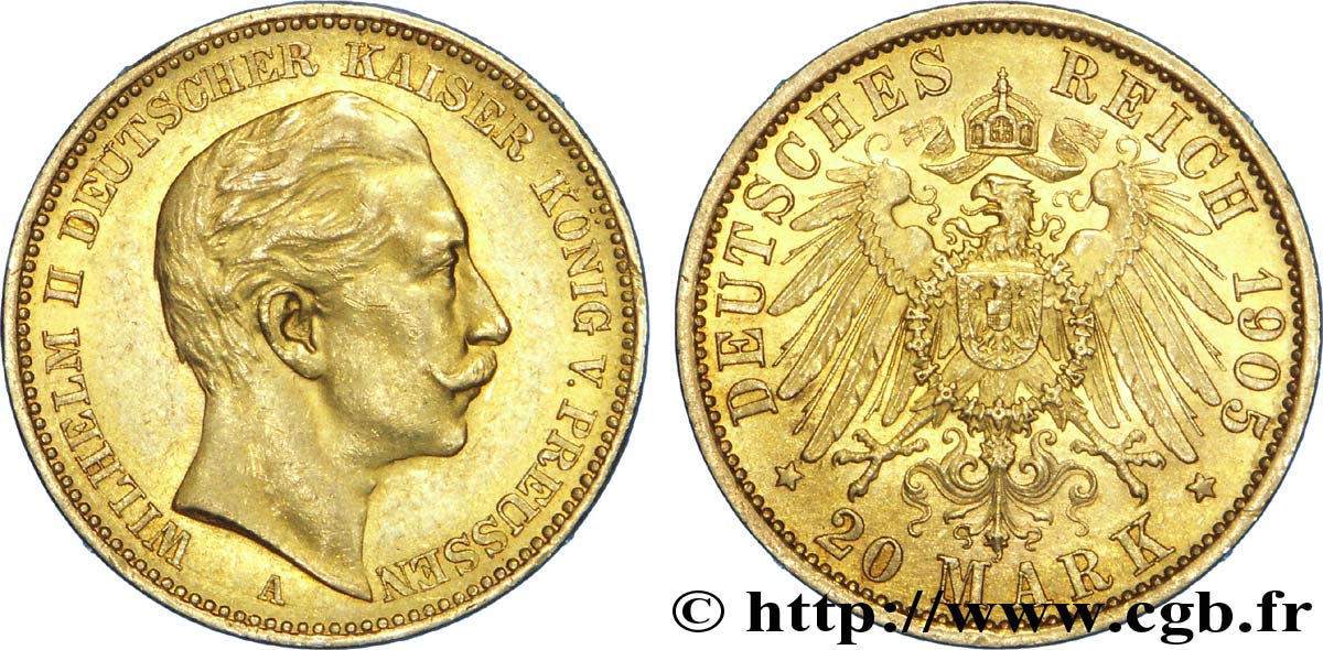 DEUTSCHLAND - PREUßEN 20 Mark or, 2e type Guillaume II / aigle impérial 1905 Berlin VZ 
