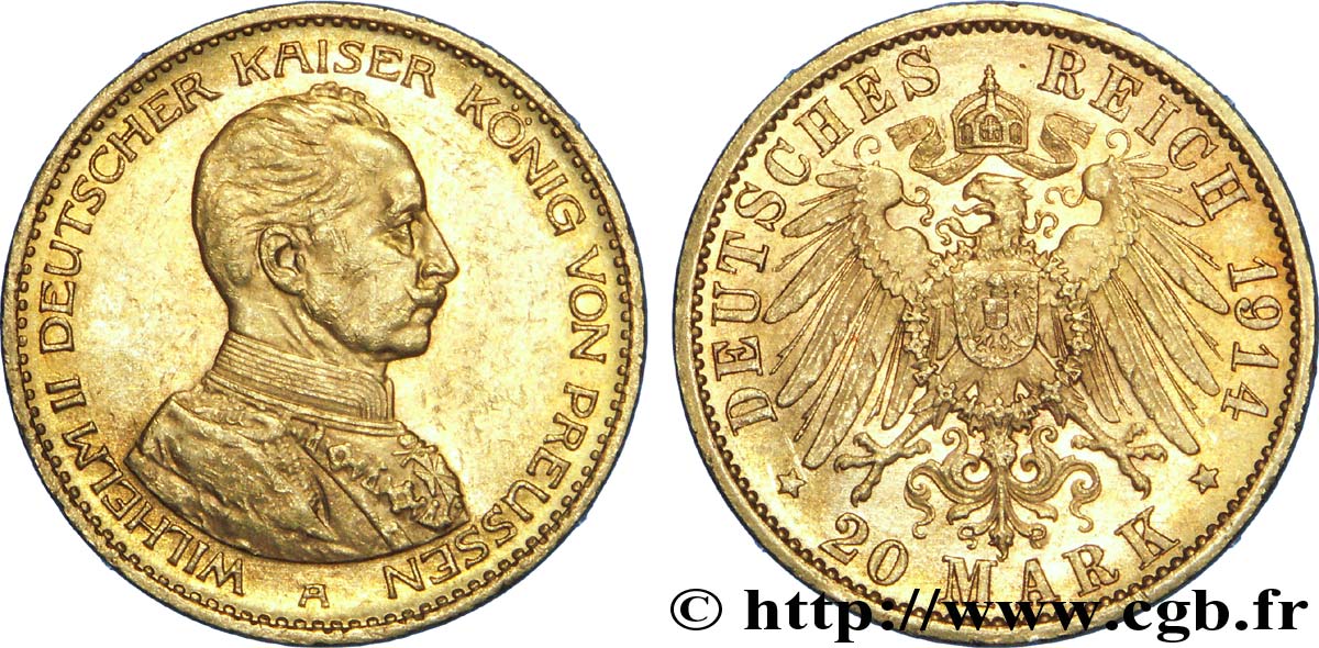 ALEMANIA - PRUSIA 20 Mark Guillaume II, 3e type 1914 Berlin EBC 