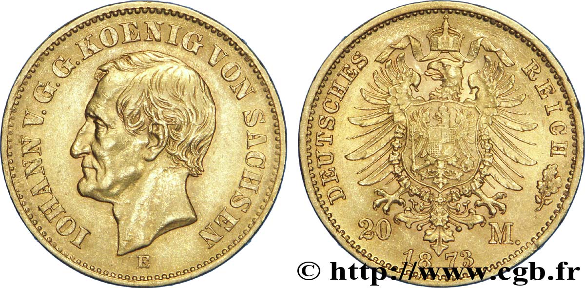 ALEMANIA - SAJONIA 20 Mark Royaume de Saxe : Jean, roi de Saxe / aigle impérial 1873 Dresde - E EBC 