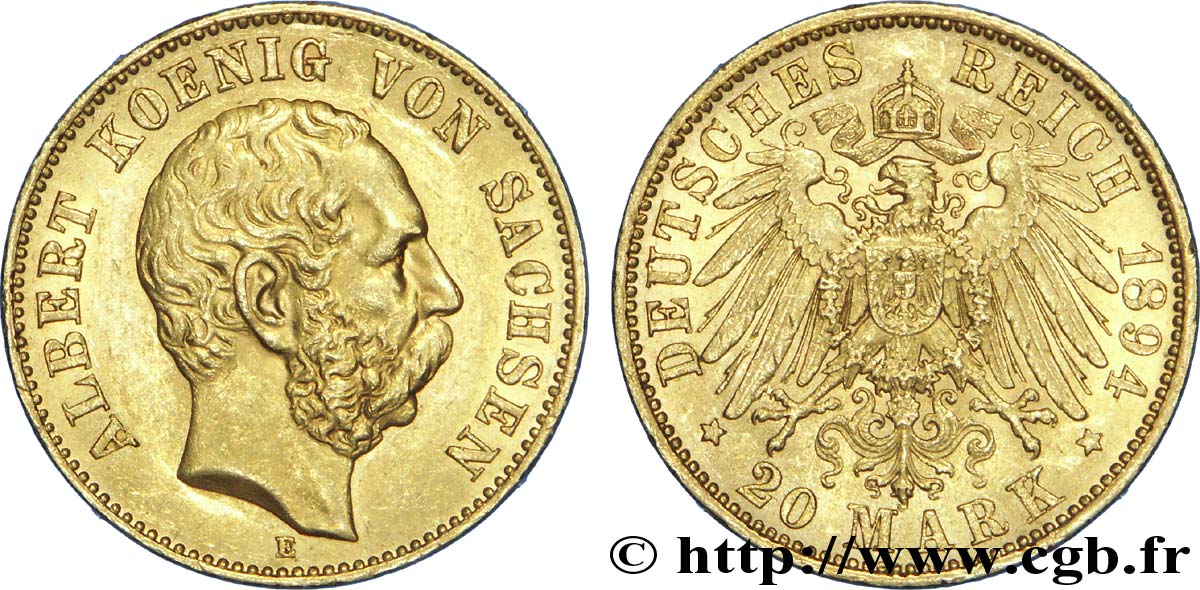 ALEMANIA - SAJONIA 20 Mark Royaume de Saxe : Albert, roi de Saxe / aigle impérial 1894 Dresde - E EBC 