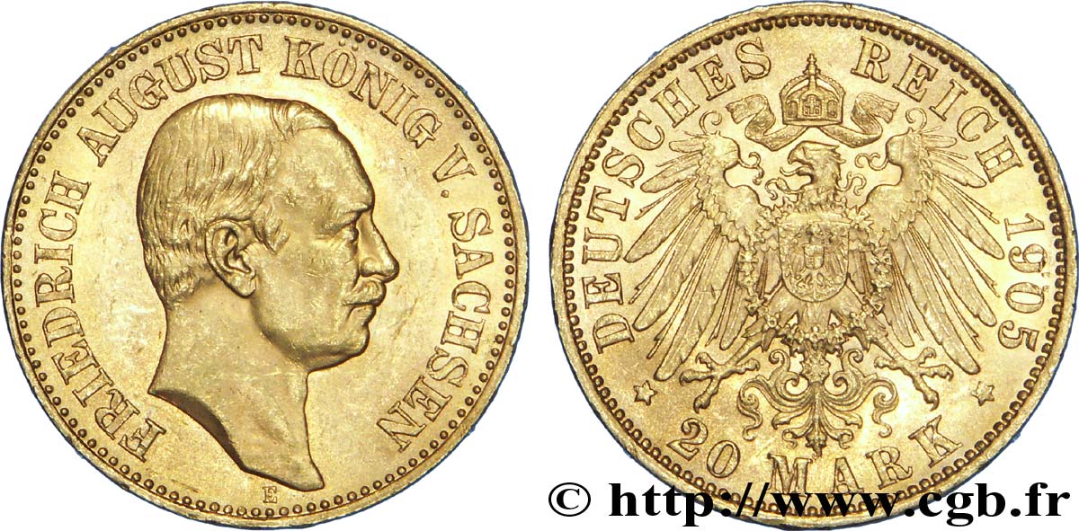 ALEMANIA - SAJONIA 20 Mark Royaume de Saxe : Frédéric Auguste III, roi de Saxe / aigle impérial 1905 Dresde - E EBC 