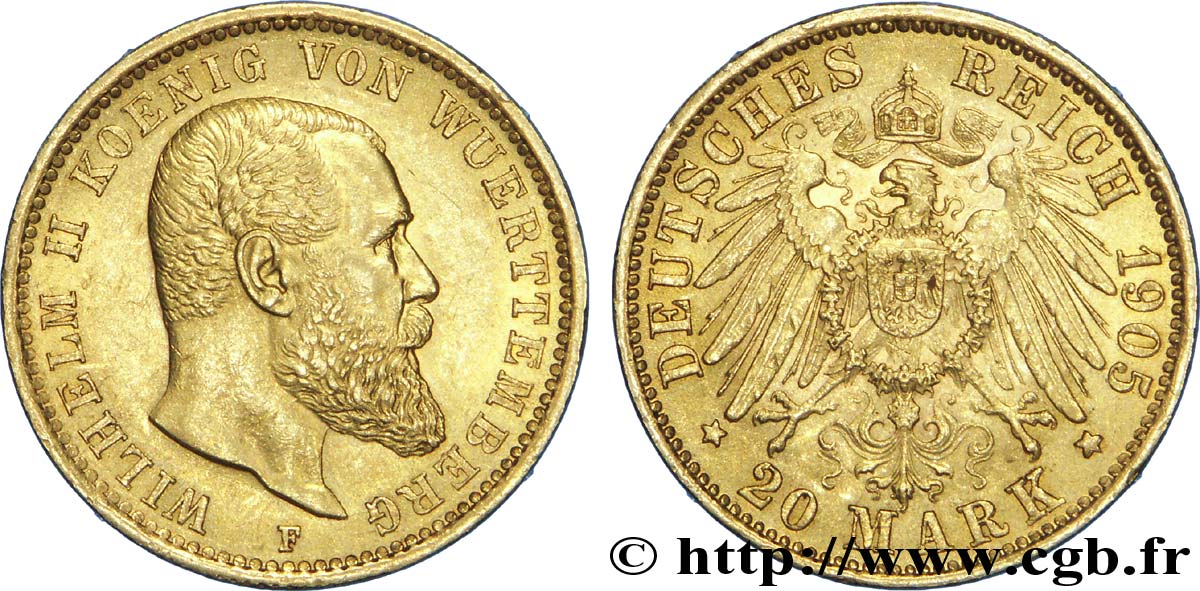 ALEMANIA - WURTEMBERG 20 Mark or, 3e type Guillaume roi du Wurtemberg / aigle impérial 1905  Stuttgart EBC 