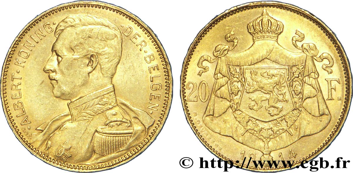 BÉLGICA 20 Francs or Albert Ier tête nue légende flamande, tranche position A 1914  EBC 