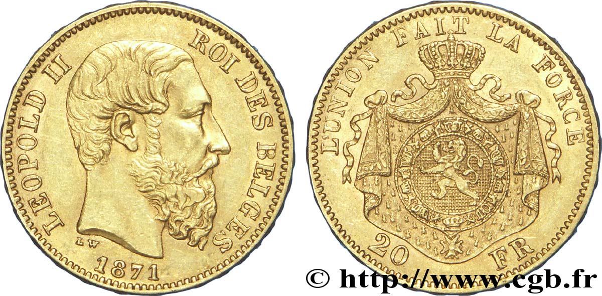 BELGIUM 20 Francs Léopold II 1871 Bruxelles AU50 