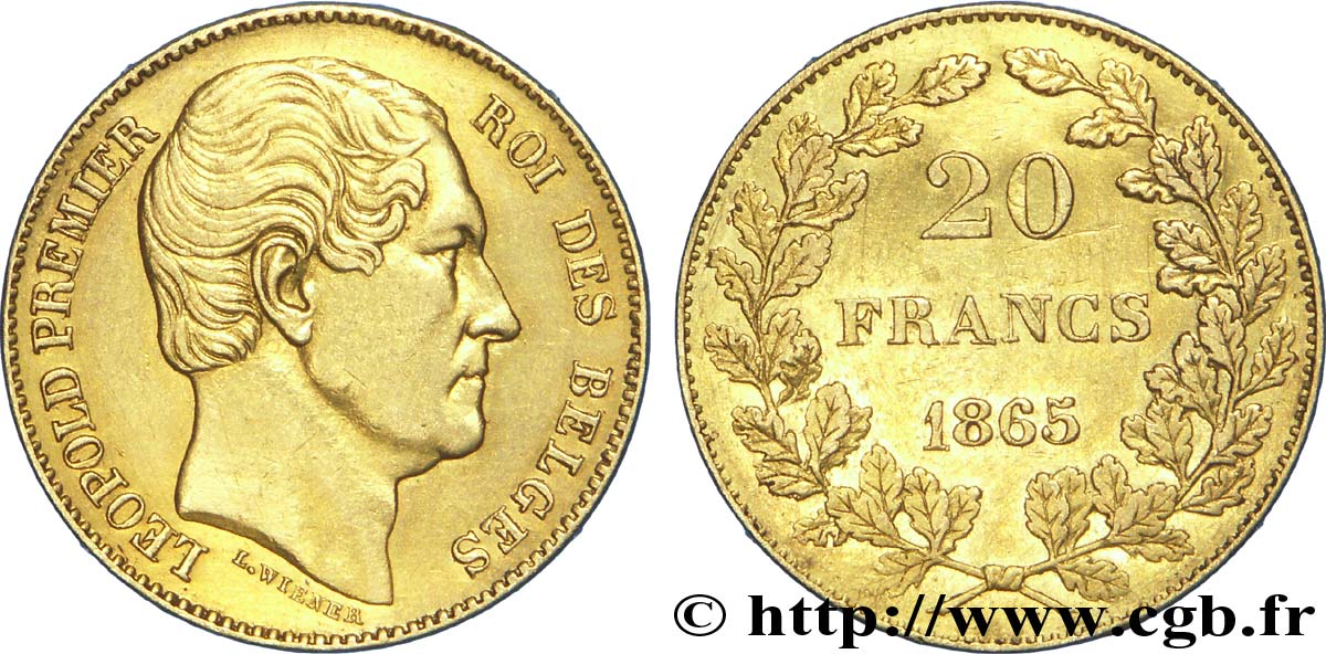 BÉLGICA 20 Francs Léopold Ier 1865 Bruxelles EBC 