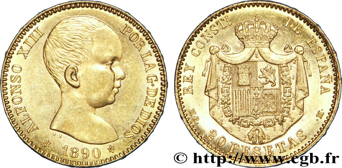 ESPAGNE 20 Pesetas Alphonse XIII 1890 Madrid SPL 